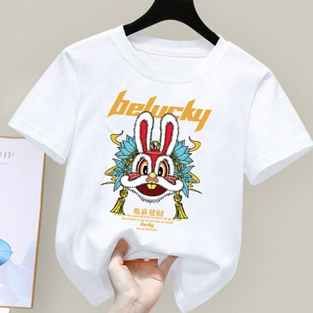 

dmqupv Soft Shirt Toddler Boys Girls Kids Chinese Year Of Rabbit Chinese New Year Letters Prints Cute Top T Plain Shirts Boys White 6-12 Months