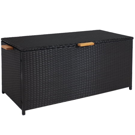 UPC: 0810077851340 | Sunnydaze 75 Gallon Indoor/Outdoor Acacia Wood and Resin Wicker Storage Deck Box with Hinged Lid – Black
