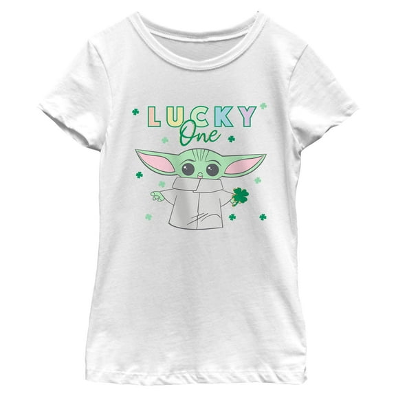 Girl's Star Wars: The Mandalorian St. Patrick's Day Grogu Lucky One Shamrock Graphic T-Shirt