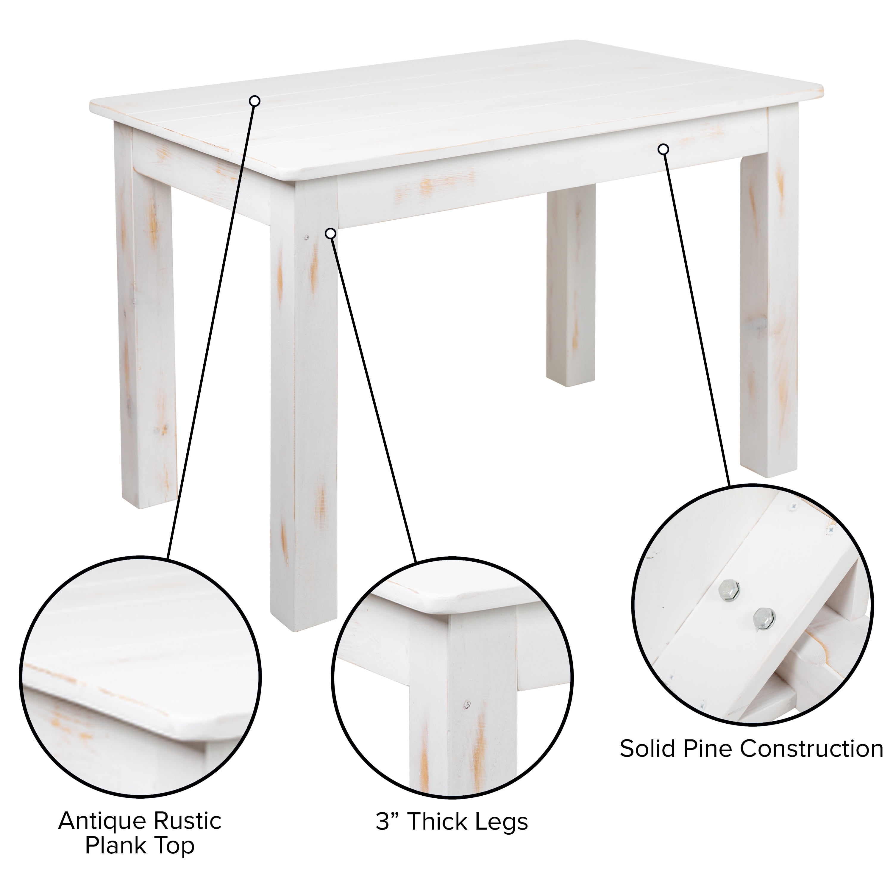 Emma + Oliver 46" x 30" Rectangular Antique Rustic White Solid Pine Farm Dining Table