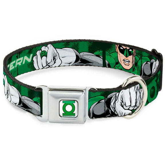 DC Comics Pet Collar, Dog Collar Metal Seatbelt Buckle, Green Lantern Green Glow Text, 16 to 23 Inches 1.5 Inch Wide