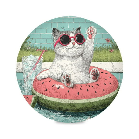 WOBOGO Party Kitty Round Placemats Set of 1 Heat Resistant Washable Kitchen Table Decorations 15.4in