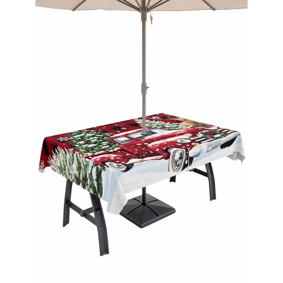 Outdoor Tablecloth with Umbrella Hole and Zipper, Christmas Truck Rectangle Table Cloth 60x102 Inch Waterproof Tablecloth, Winter Snowflakes Xmas Tree Deer Red Black Picnic Table Cover for Patio