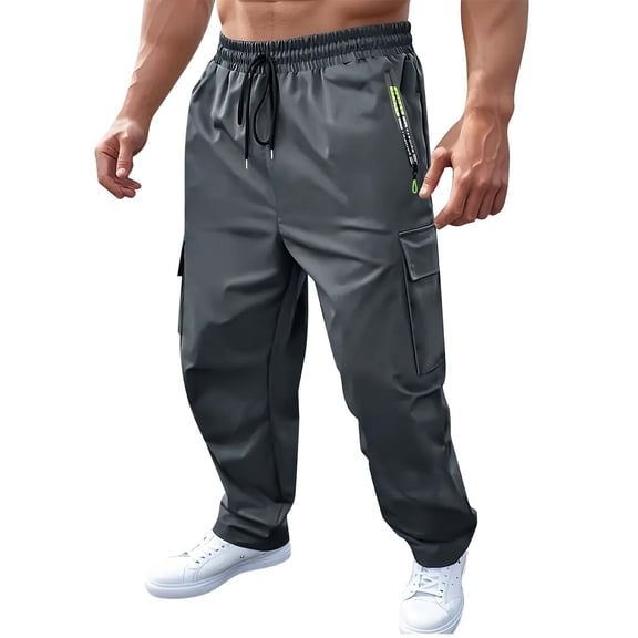 Admvng Mens Solid Pockets Elastic Waist Work Cargo Full Length Pants