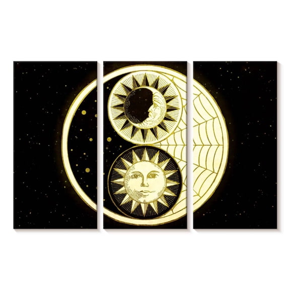 Elephant Stock Sun And Moon Yin Yang Wall Art - Horizontal Multi Panel Canvas - Living Room Wall Decor - Wellness Multi Panel - Black And Beige Decor - 23" x 14"