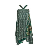 Mogul Silk Sari Magic Wrap Skirt Green Two Layer Reversible Sarong Dress