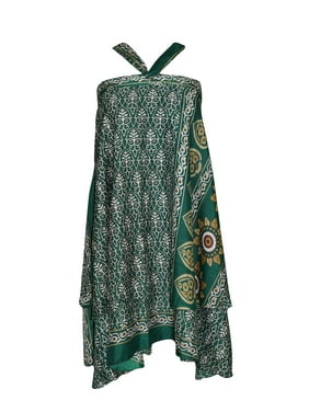 Mogul Silk Sari Magic Wrap Skirt Green Two Layer Reversible Sarong Dress