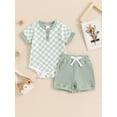 thumbnail image 2 of Bagilaanoe 2pcs Newborn Baby Boy Shorts Set Short Sleeve Checkerboard Print Romper Tops + Shorts 3M 6M 9M 12M 18M Infant Casual Summer Clothes, 2 of 7