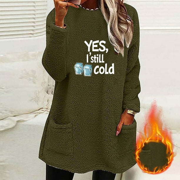 Heisall Womens Autumn Winter Fleece Sweatshirts Round Neck Letter Print Pocket Long Sleeve Thickened Warm Casual Daily Wear