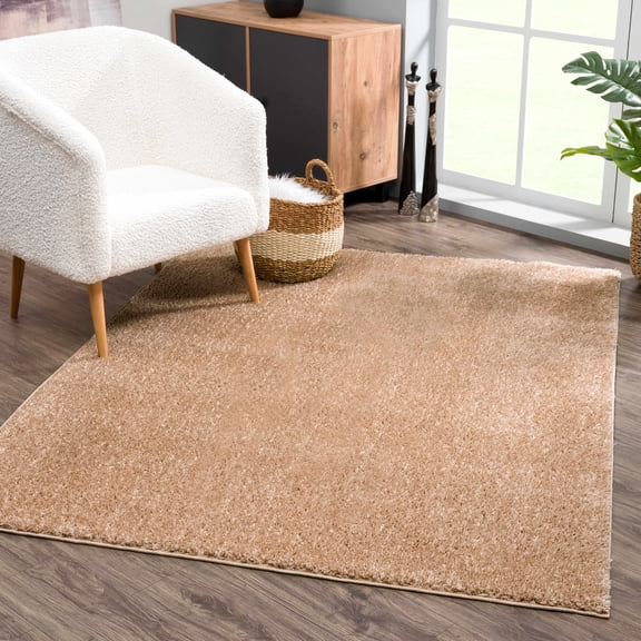 Hauteloom Judy Machine Washable Solid Shag Rug - Plain Living Room Bedroom Shaggy Area Rug - Fluffy Plush High Pile Carpet - Blush, Brown - 6'7" x 9'