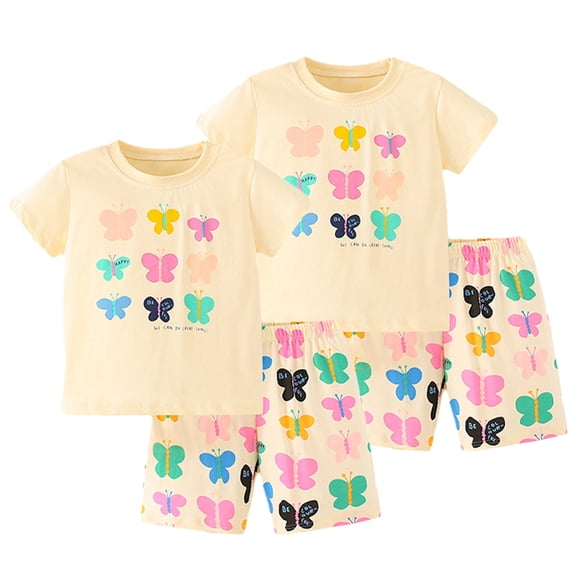 Baby Toddler Summer Short Sleeve Suit Short Sleeve Toddler Girl Clothes Little Girls Clothes Butterfly Round Neck T-Shirt Yellow Suit Kids Child 1Y-9Y