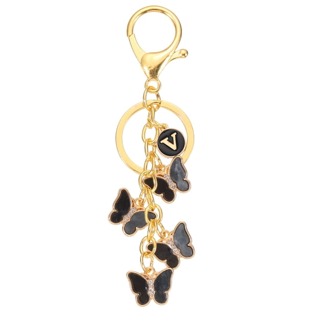 Llave de inicial de mariposa Uxcell, llavero de metal negro personalizado con letra del alfabeto V