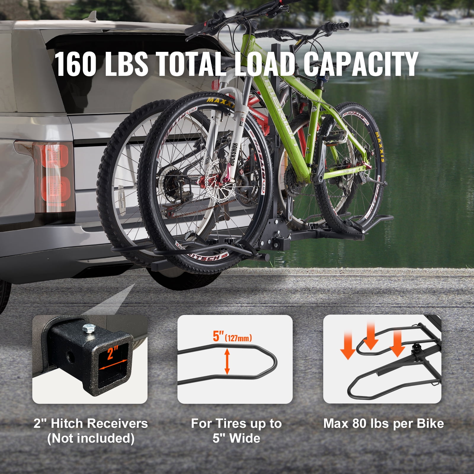 KFFKFF Bike Carrier, Hitch-Mounted, 2-Bike Capacity, 160 LBS Load, Fits 2-inch Receivers, Tilt & Fold Design, Supports Tires up to 5" Width, Suitable for Cars, SUVs, Trucks, and RVs