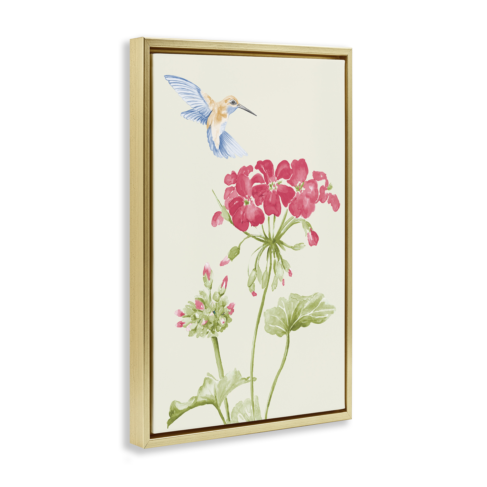 Stupell Industries Geraniums & Hummingbird Botanical & Floral Painting Gold Floater Framed Art Print Wall Art, 17 x 25