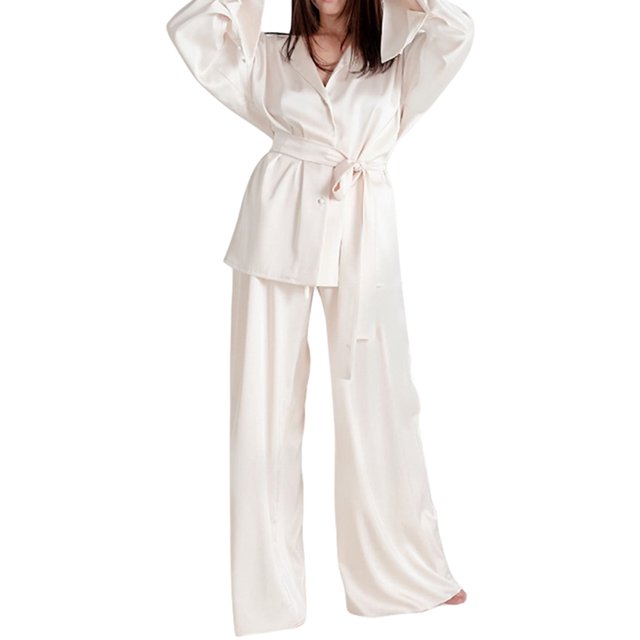 Txlixc Traje de pijama para mujeres, chaqueta de boton de manga larga con pantalones y cinturon Txlixc moda