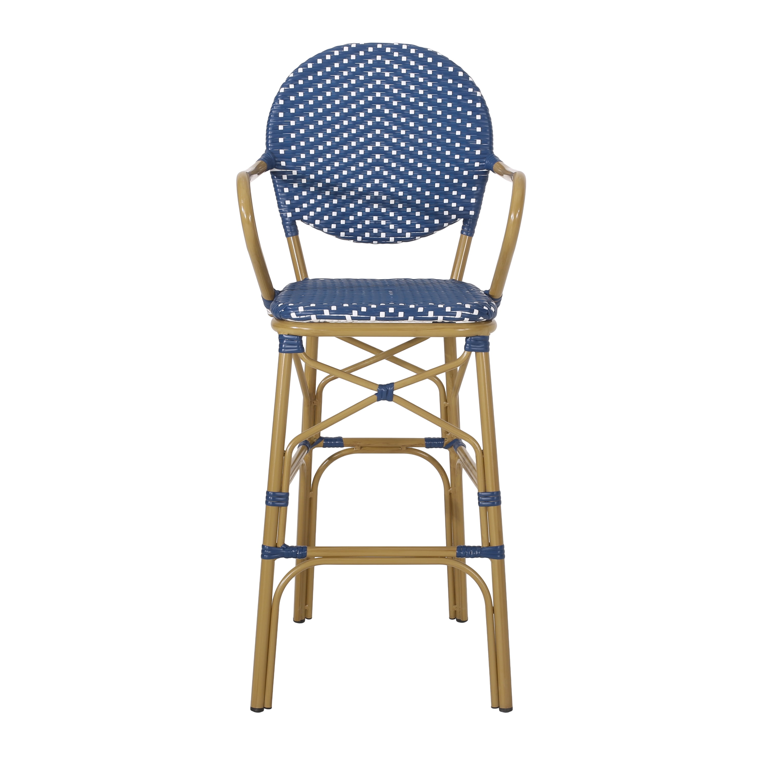 Outdoor Height Bar Stool Set of 2 29.5 Inch, Wicker and Aluminum Combined Frame for Patio Bar, Navy Blue and Bamboo