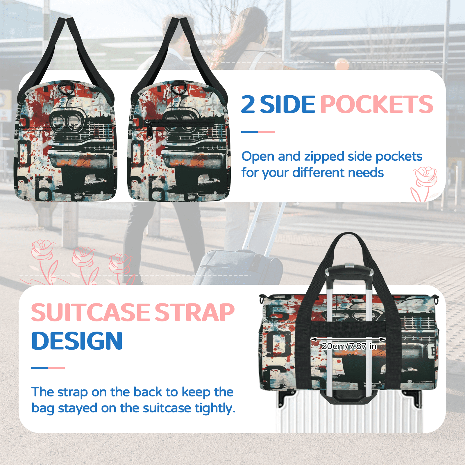 Herdesigns Car Vintage Retro Travel Duffle Bag Sports Yoga Weekender Overnight Carry on Workout Bags Lightweight Waterproof Gym Tote Bag for Women