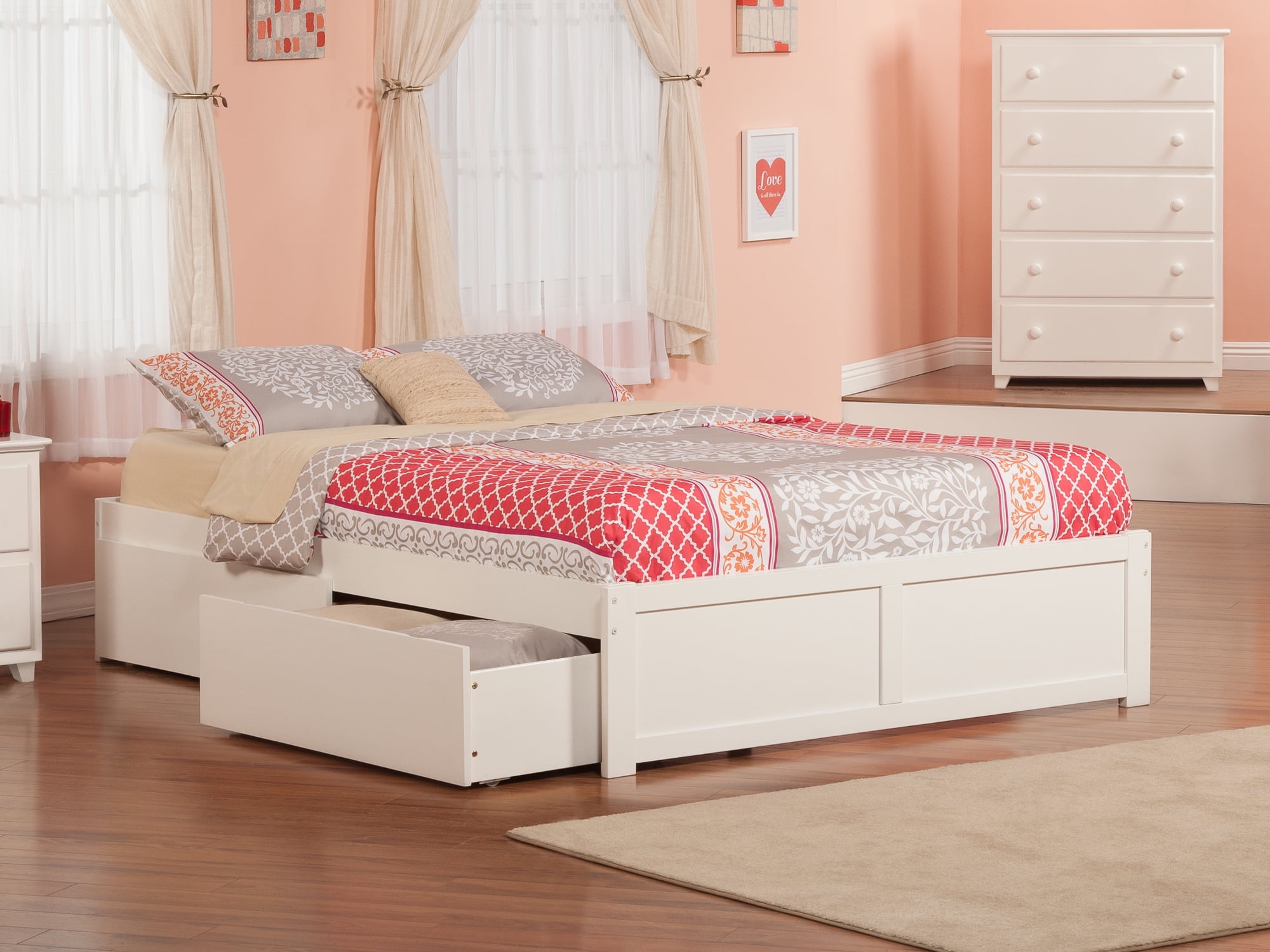 AFI Concord Queen Solid Wood Platform Bed with Footboard & 2 Storage Drawers in White