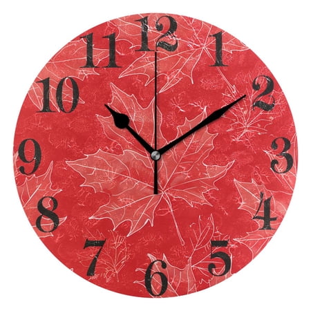 Hand Drawn Maple Leaves Round Wall Clock Battery Operated Silent Non-Ticking Bedroom Office Kitchen Home School Decor 10(Black)