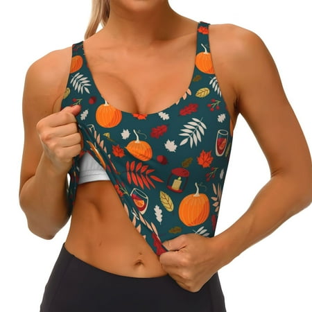 Qokaie Autumn with Pumpkins Pattern Womens Scoop Neck Sports Bra Breathable Workout Vest Padded U Back Medium Impact Fitness Gym Yoga Bra Workout Crop Top