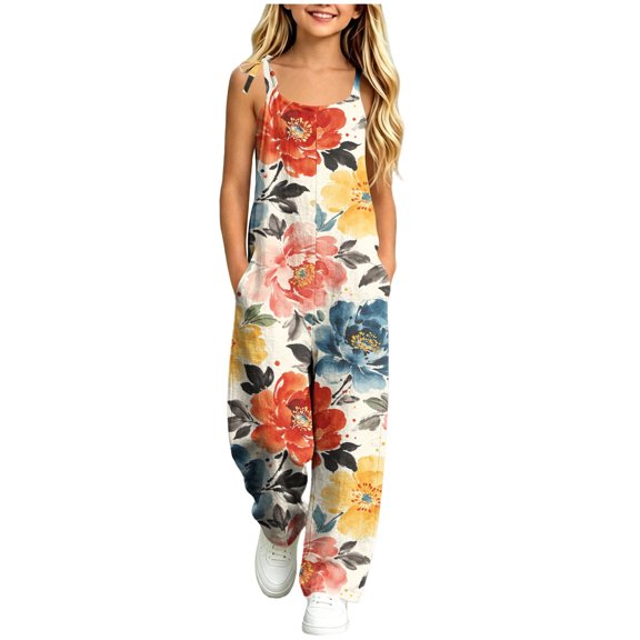 dazeni Girls Sleeveless Jumpsuits Fashion Tie Dye Romper Wide Leg Pants Casual Summer Boho Spaghetti Straps Overalls with Big Pockets Watermelon Red 11-12 Years