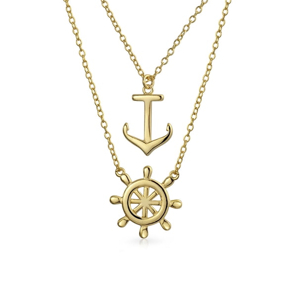 Bling Jewelry Womens Set of 2 Nautical Ship Wheel & Anchor Pendant Necklace 14K Gold Plated Silver