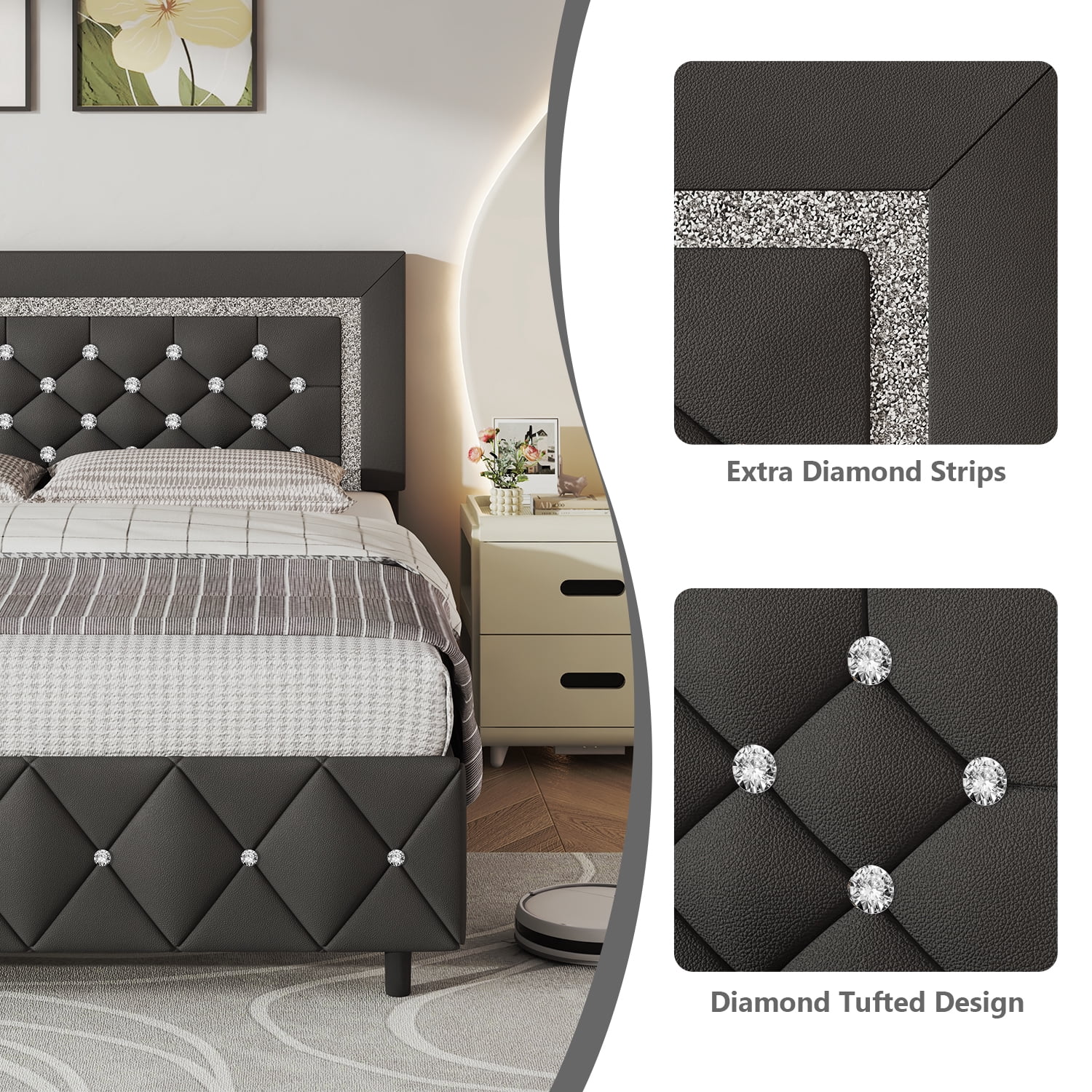 4 EVER WINNER King Bed Frame, Upholstered Platform Bed Frame with Headboard and Footboard, Diamond Headboard and Footboard Design, Gray