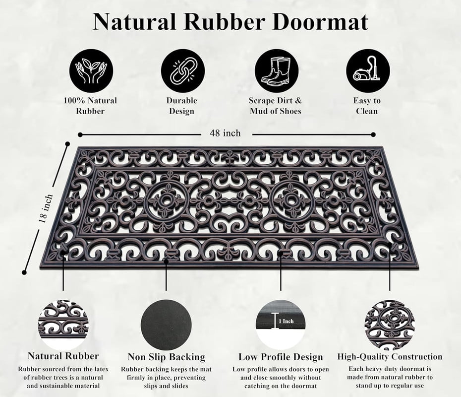 A1HC Natural Rubber Outdoor Doormat with Paisley Grill Design, Heavy-Duty Shoe Scraper, Dirt-Trapping Entryway Mat, 18" x 48"