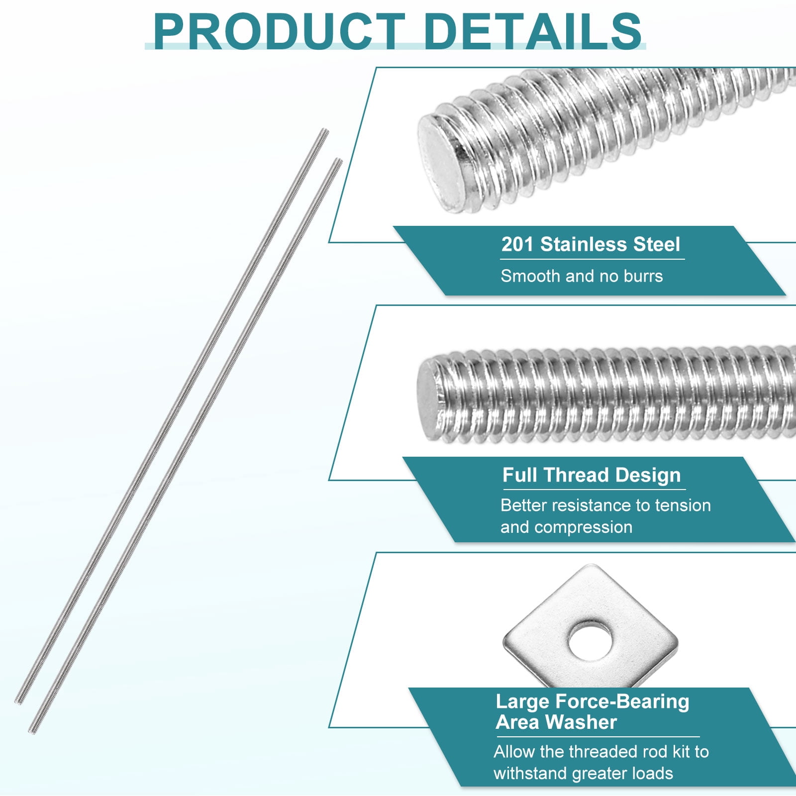 8Pack Fully Threaded Rod, M5 x 350mm 201 Stainless Steel with Nuts Washers