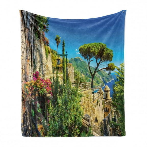Scenery Soft Flannel Fleece Throw Blanket, Mediterranean Stone Made Village with Trees Blossoms Flower Mountain and Sea, Cozy Plush for Indoor and Outdoor Use, 70" x 90", Multicolor, by Ambesonne