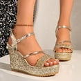 thumbnail image 2 of Rokment Women's Sparkly Metallic Sequin Platform Wedge Dressy Sandals Bridal Delicate Elegant Bling Ankle Strap Chunky Dress High Heels Summer Shoes for Wedding Banquet Gold Size 6, 2 of 7