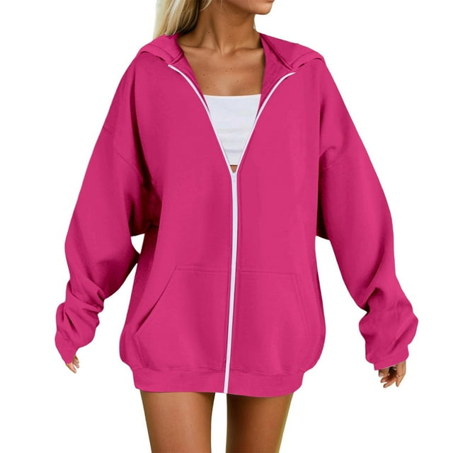 Arlun Womens Zipper up Hoodies Lightweight Oversized Soft Comfortable Sweatshirts Loose Fit Long Sleeve Solid Color Basic Hooded Jackets with Pockets Hot Pink S
