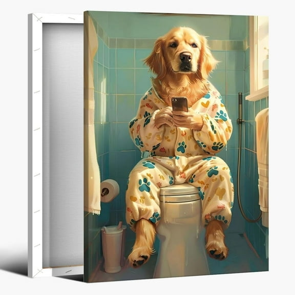 Aaheei Funny Dog Bathroom Wall Decor Art Pictures Golden Retriever Sitting on the Toilet on Phone Art Canvas Posters Print Animal Wall Art Bathroom Decor Gift for Loves Dog Owners