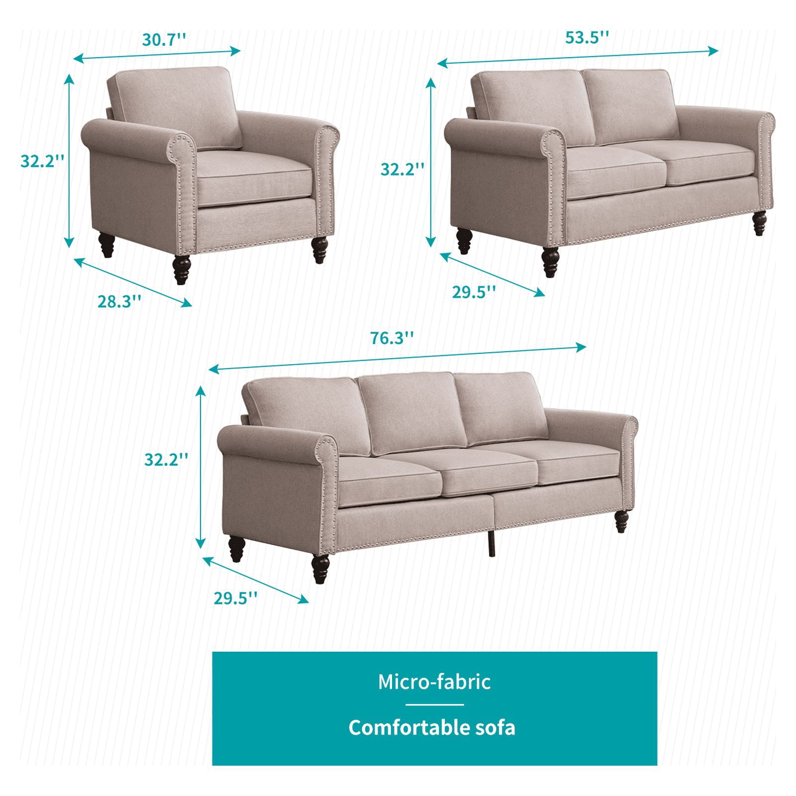 MUZZ Living Room Furniture Sets with 5.9"Upholstered Cushion, 3-Seater Sofa Couch, Loveseat and Single Sofa Chair, Sofa Set for Living Room(Beige)