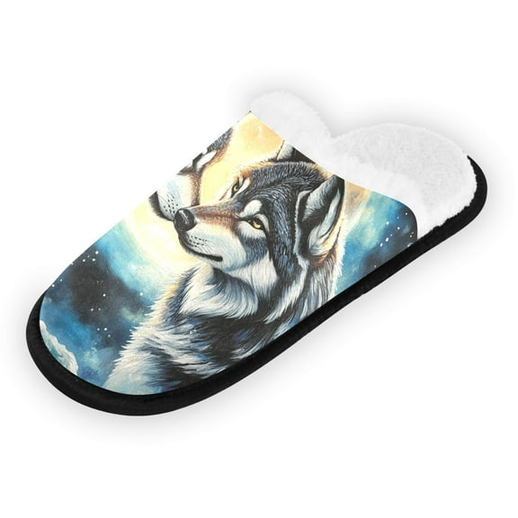 Women's Men's Slippers, Non-Slip Travel Unisex Fleece House Shoes The Wolf in Love