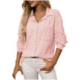 thumbnail image 2 of Womens Summer Blouses Casual Striped V Neck Tunic Tops Long Sleeve Button Down Shirts Pink XXL, 2 of 6