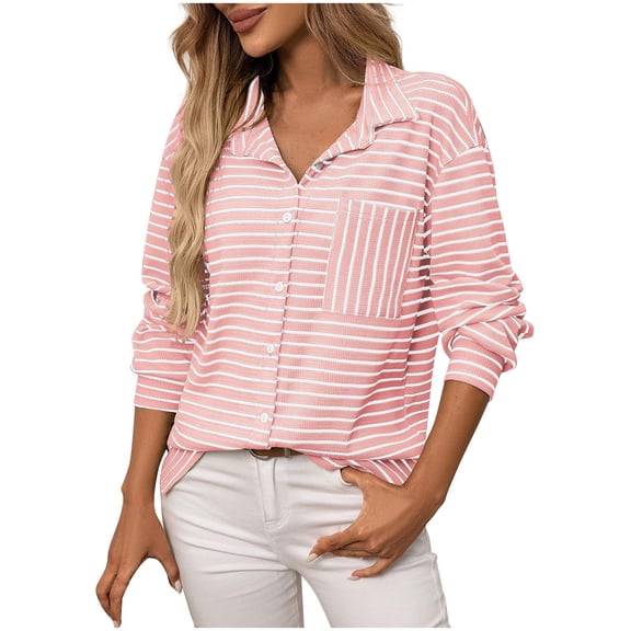Womens Striped Printed T-Shirts, Long Sleeve Shirts for Women Fall Fashion Loose Fit Lapel Button Down Dressy Blouses with Pockets S-2XL
