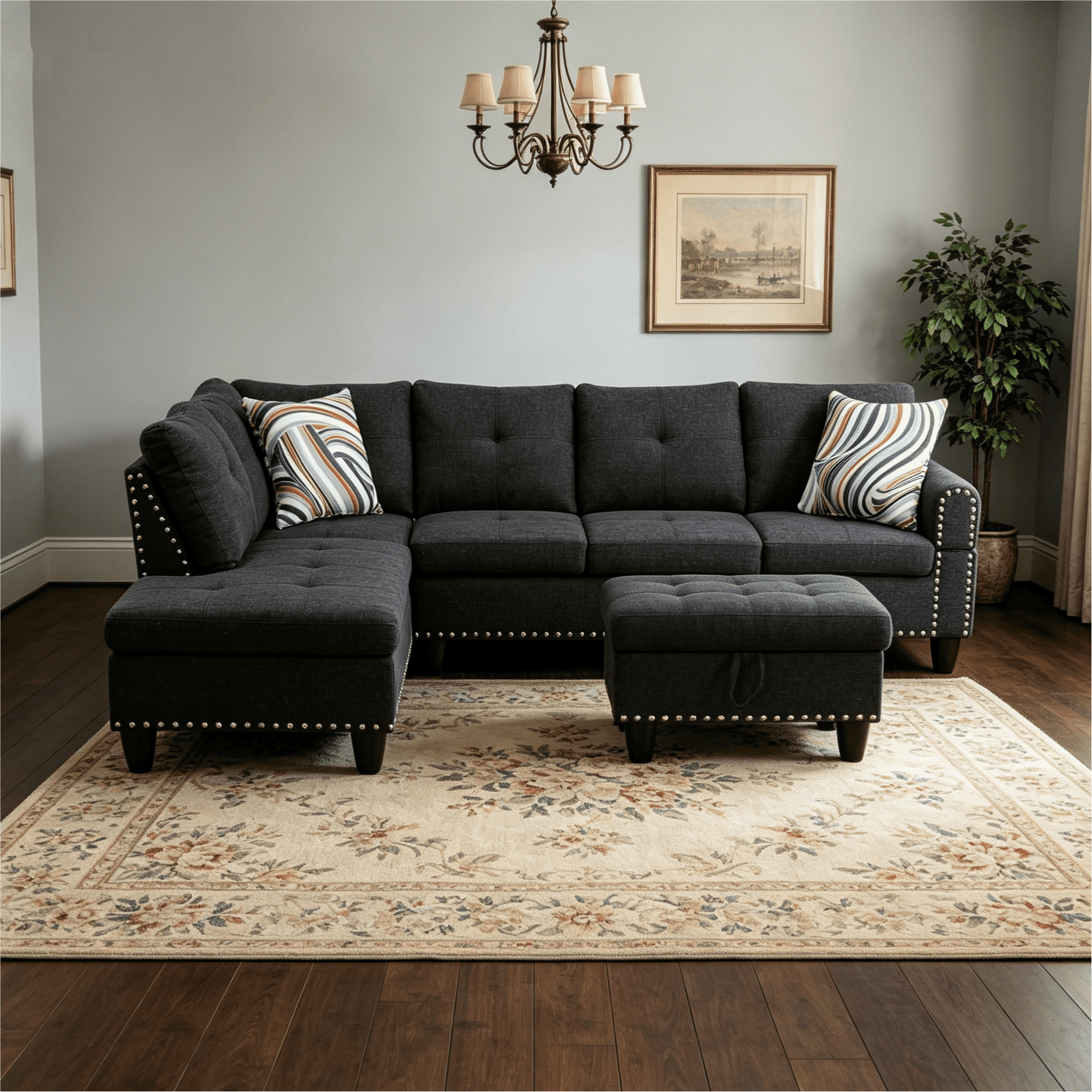 Howcool L-Shaped Sectional Sofa Couch with Storage Ottoman & Nailhead Trim,4-Seater Linen Upholstered Sofa with Cup Holders for Living Room,Left-Facing