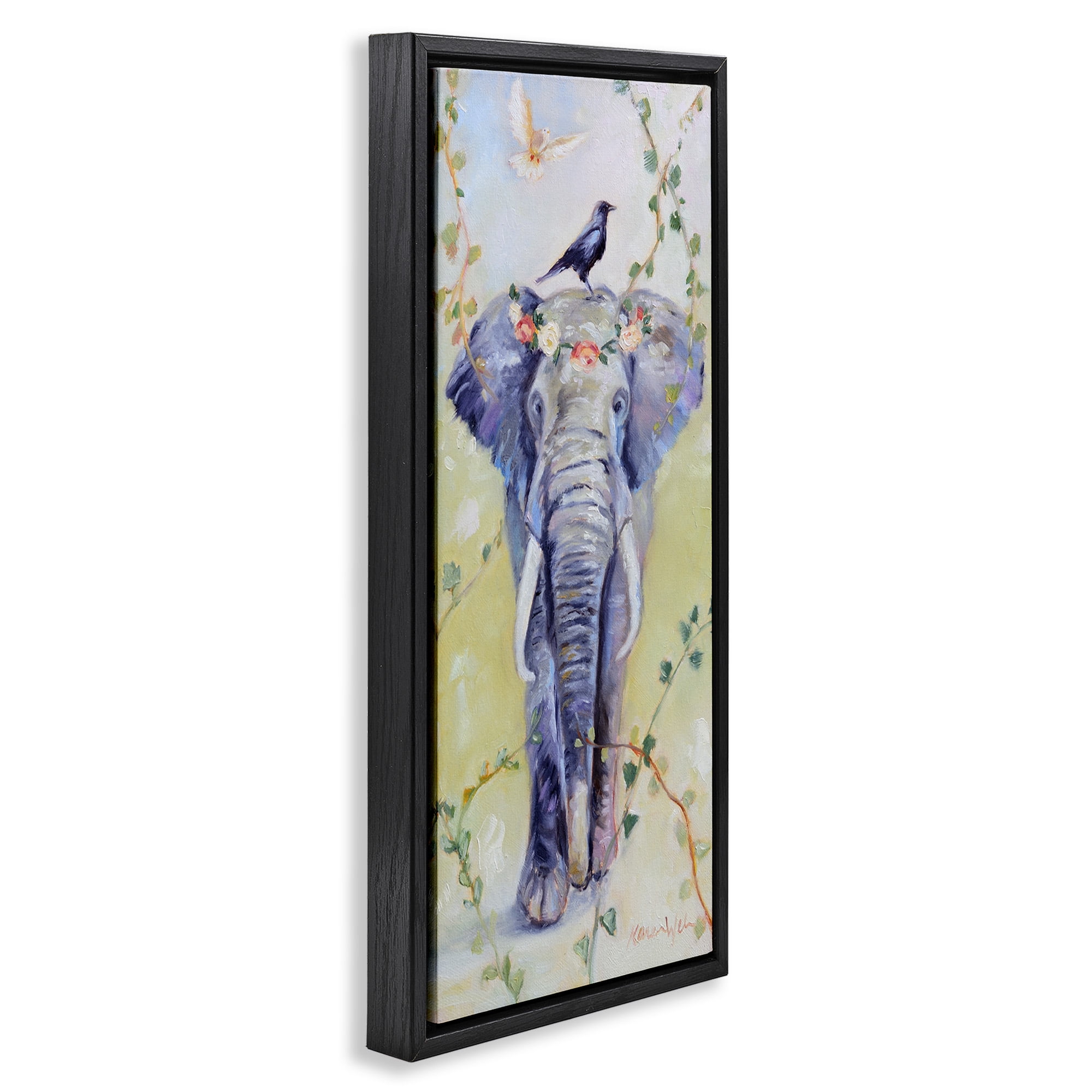 Stupell Industries Bohemian Elephant with Green Vines Animals & Insects Painting Black Floater Framed Canvas Art Print Wall Art, 15 x 31