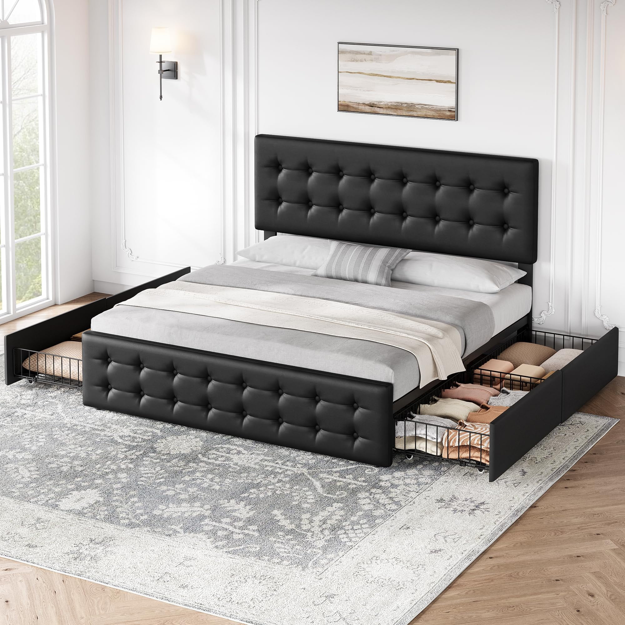 Maritcute King Size Bed Frame with 4 Storage Drawers and Adjustable Headboard, Upholstered Mattress Foundation with Skin-Frienly Linen, No Box Spring Needed, Black