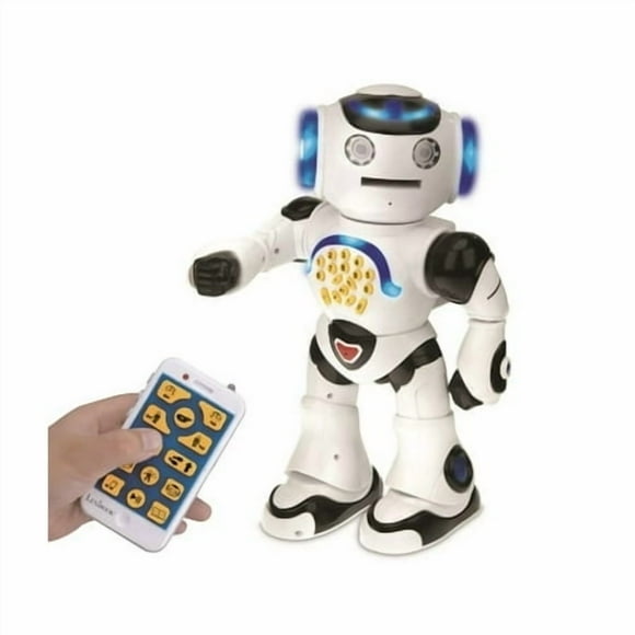 LEXiBOOK Powerman Remote Control Walking Talking Toy Robot Educational Robot Dances Sings Reads Stories Math Quiz Shooting Discs & Voice Mimicking Black White ROB50EN