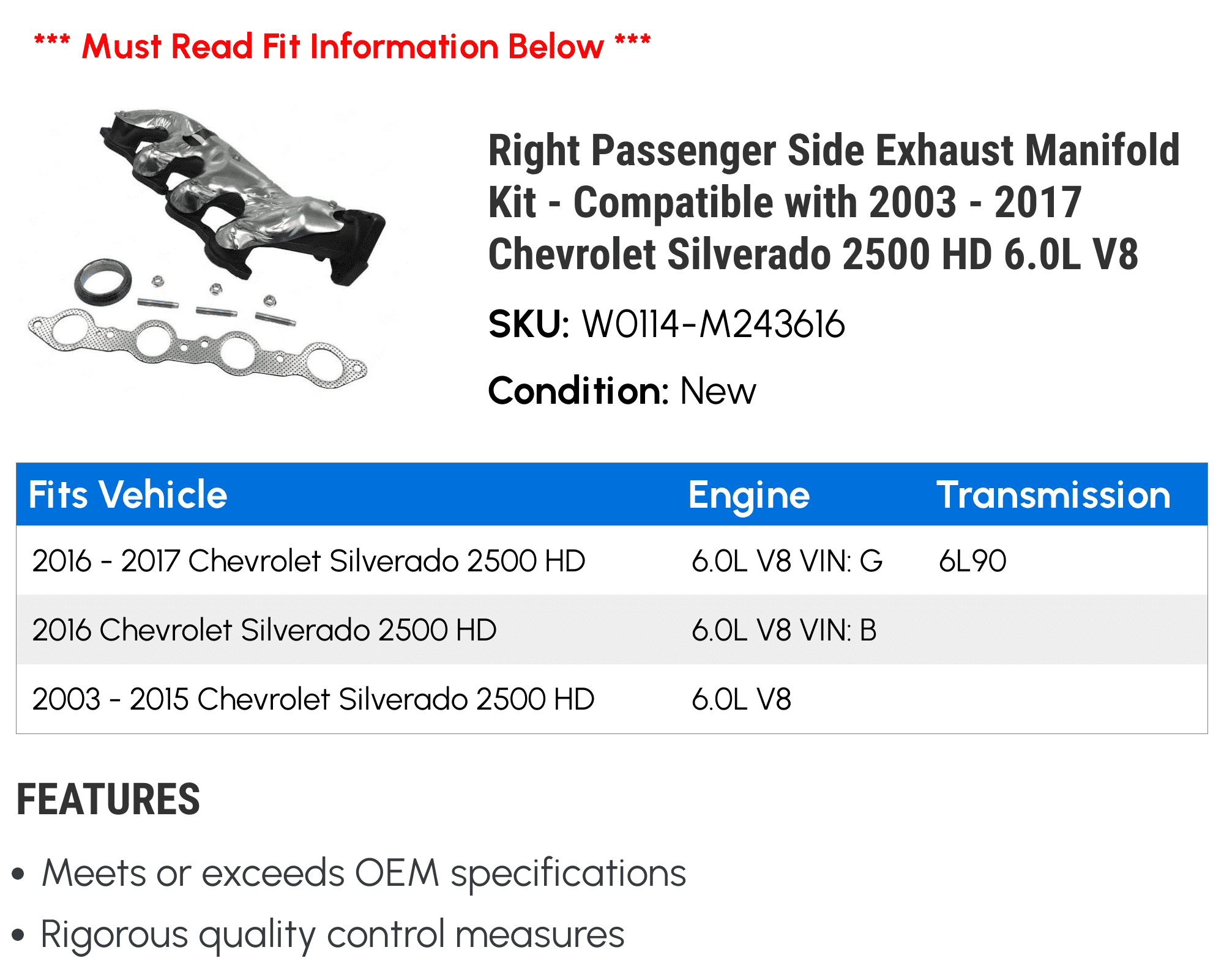 Right Passenger Side Exhaust Manifold Kit - Compatible With 2003 - 2017 Chevy Silverado 2500 HD 6.0L V8 2004 2005 2006 2007 2008 2009 2010 2011 2012 2013 2014