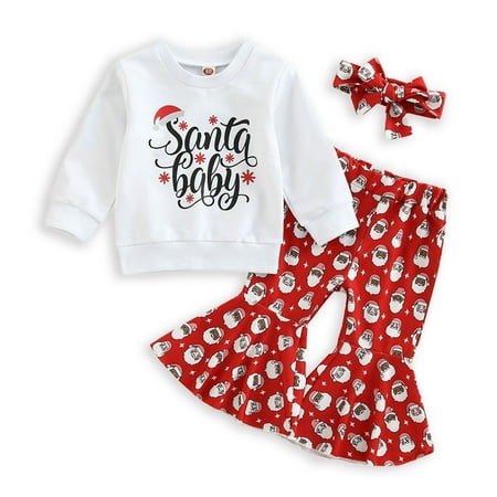 

Gyratedream 1-5T Baby Girls Christmas Santa Printed Long Sleeve Pullover Sweatshirt Flared Pants Headband Outfits