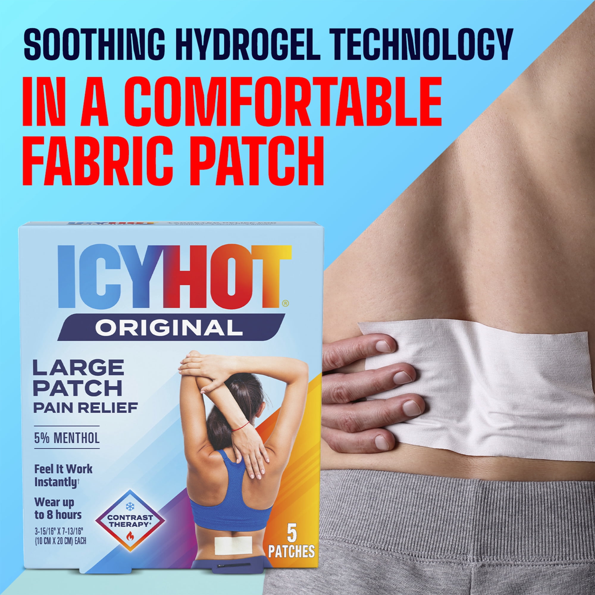 Icy Hot Original Pain Relief Patch, Large Size Comfortable Fabric Patches With Menthol 5%, Ice and Heat Contrast Therapy for Backaches, Joints, Muscle Strains and Arthritis, 5 ct.