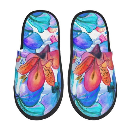 

Fuzoiu Bright Flowers Print Unisex Furry Slippers Plush Indoor Shoes Trendy House Slippers Anti-Skid EVA Sole House Shoes for Home Office and Travel -Large