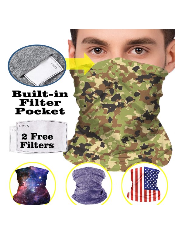 Reusable Neck Gaiter with Pocket, Breathable Cooling Face Mask Scarf, Washable Balaclavas, Camouflage Bandana for Men Women