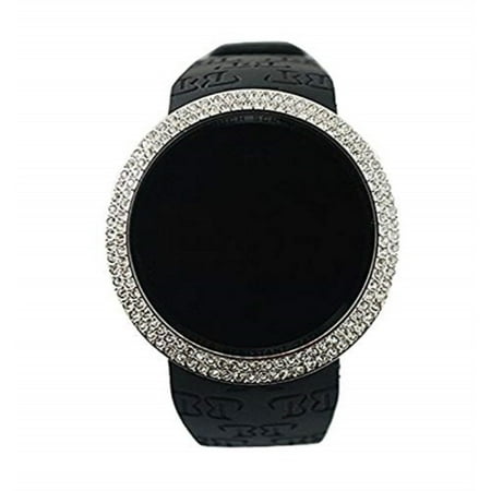 Genuine Diamond Bling Watch - Iced Out Bling Lab Diamond Silver Black Digital Touch Screen Sports Watch Silicone Band