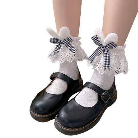 

TIERPOP Japanese Lolita Embroidery Lace Short Crew Socks Kawaii Rabbit Bunny Ears Plaid Bowknot Ruffled Harajuku Anklet Hosiery