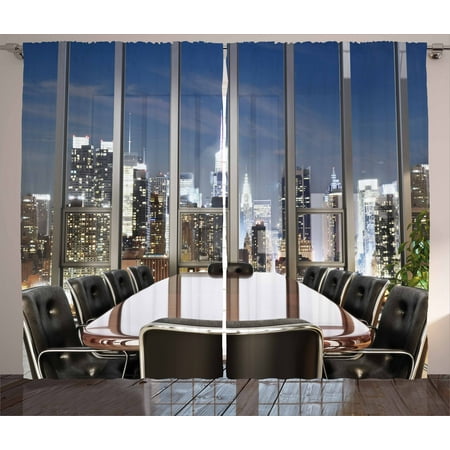 Cream Gray And Blue Living Room Modern Curtains 2 Panels Set, Business Office Conference Room Table Chairs City View at Dusk Realistic Photo, Window Drapes for Living Room Bedroom, 108W X 63L Inches, Grey Black Blue, by Ambesonne ()