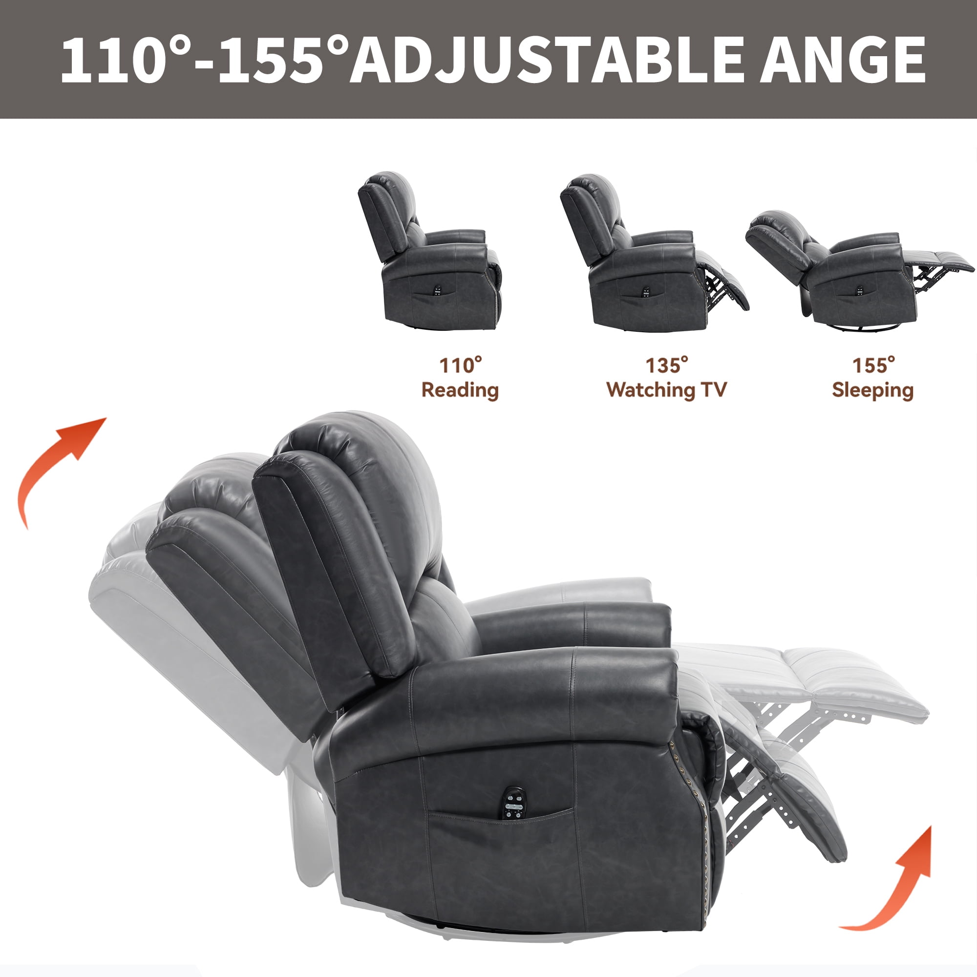 Leumius Oversized Swivel Recliner Chair for Adults,Swivel Rocker Recliner with Vibration Massage and Lumbar Heating for Living Room,Rivet Design,Gray